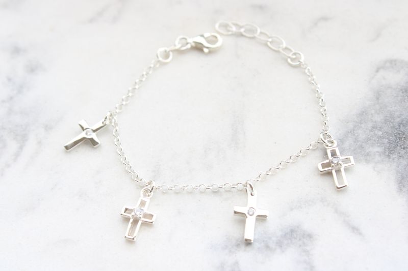 Sterling Silver Polished CZ Crosses with 1in Ext. Children&#39;s Bracelet