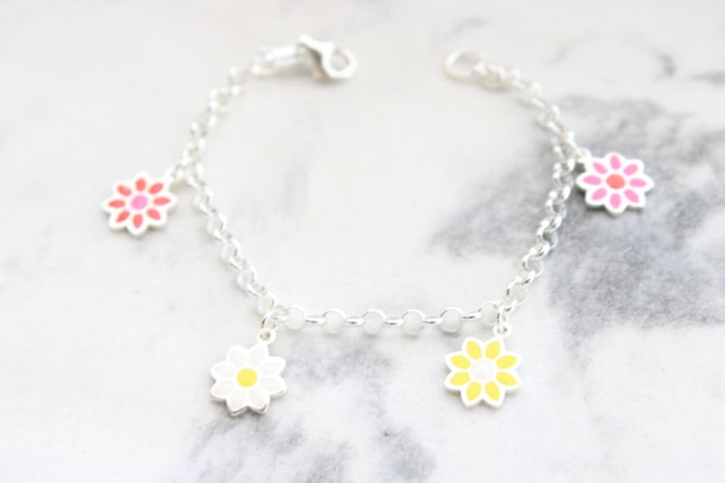 Sterling Silver Polished Multi-color Enamel Flowers Children's Bracelet Sterling Silver Polished Multi-color Enamel Flowers Children's Bracelet
