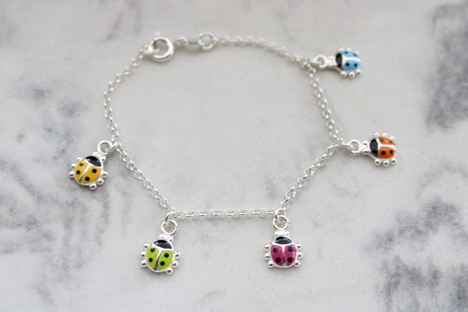 Sterling Silver Polished Multi-color Enameled Ladybugs Children&#39;s Bracelet