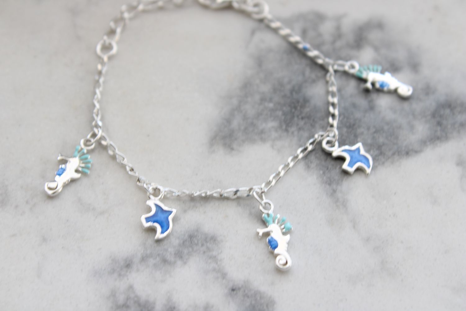 Sterling Silver Enameled Seahorse and Birds with 1in ext. Children's Bracelet Sterling Silver Enameled Seahorse and Birds with 1in ext. Children's Bracelet