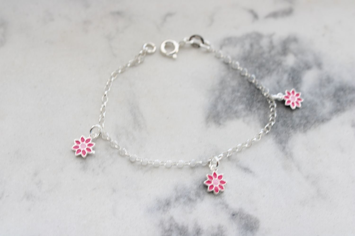 Sterling Silver Polished Pink Enameled Flowers Children&#39;s Bracelet