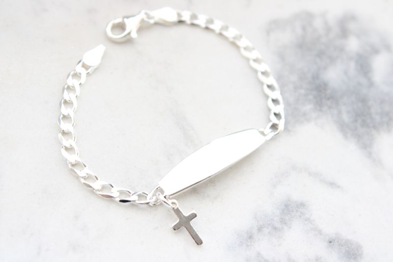 Sterling Silver Polished Cross Dangle ID Children&#39;s Bracelet