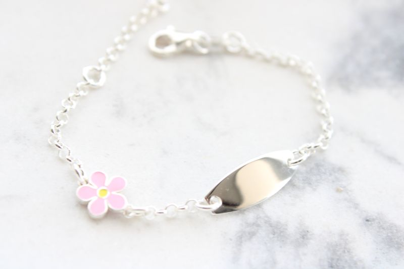Sterling Silver Childrens Enameled Flower 5in Plus 1IN EXT ID Bracelet