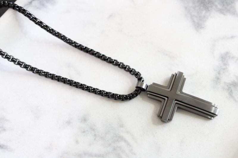 Stainless Steel Brushed and Polished Black IP-plated Cross Pendant on a 24 inch Box Chain Necklace