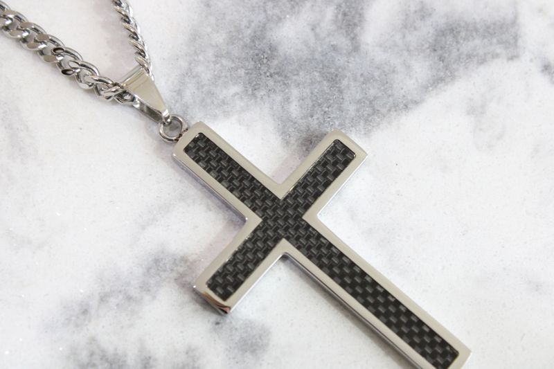 Stainless Steel Polished with Black Carbon Fiber Inlay Cross Pendant on a 24 inch Curb Chain Necklace