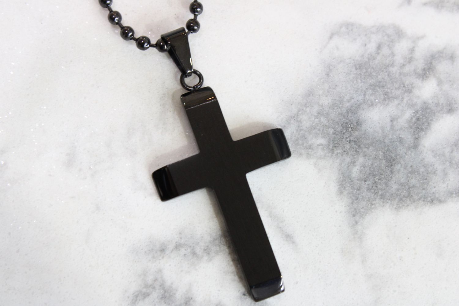 Stainless Steel Brushed and Polished Black IP-plated Cross Pendant on a 24 inch Ball Chain Necklace