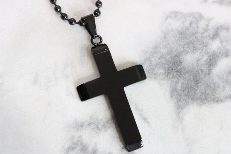 Stainless Steel Brushed and Polished Black IP-plated Cross Pendant on a 24 inch Ball Chain Necklace