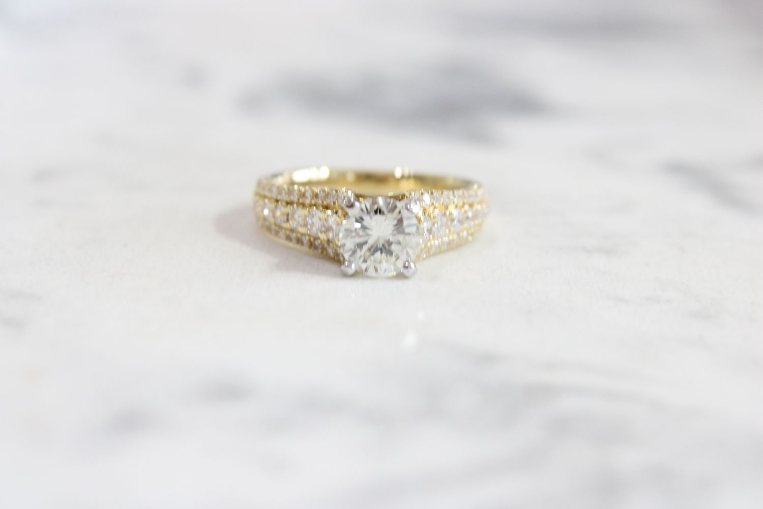 18kt Yellow Gold Wide Three Row 1.01ct Center 1.79ct Diamond Ring Mounting, 54 Diamonds