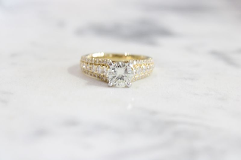18kt Yellow Gold Wide Three Row 1.01ct Center 1.79ct Diamond Ring Mounting, 54 Diamonds
