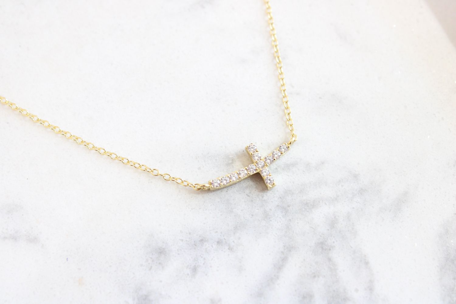 Sterling Silver Yellow Gold-plated CZ Sideways Cross with 2in Ext Necklace