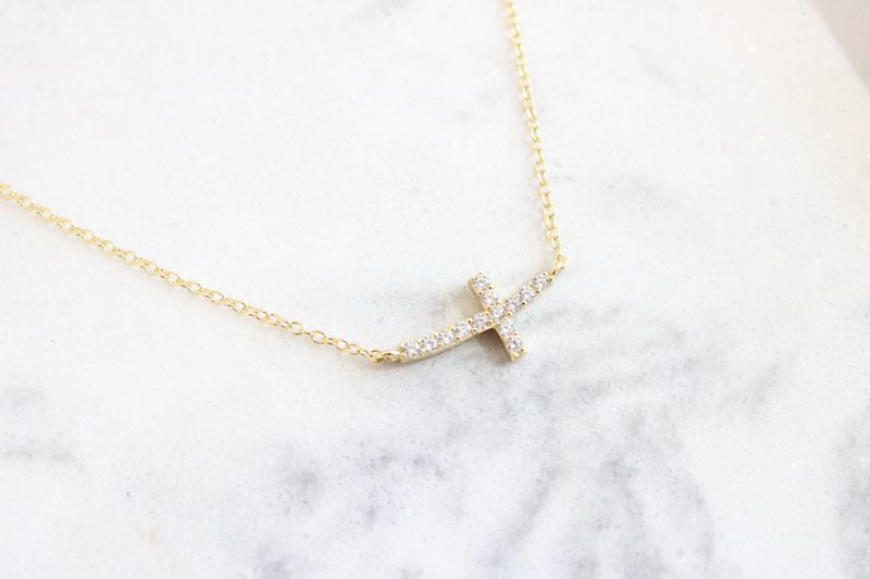 Sterling Silver Yellow Gold-plated CZ Sideways Cross with 2in Ext Necklace
