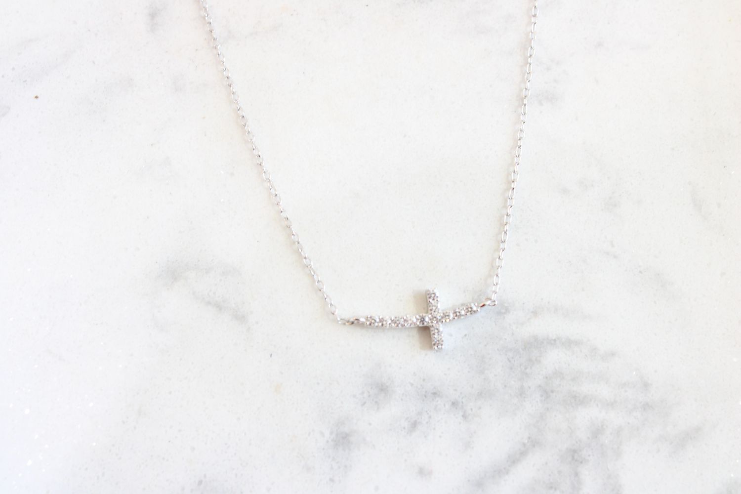 Sterling Silver Rhodium-plated CZ Sideways Cross 16 inch Necklace with 2 inch extension