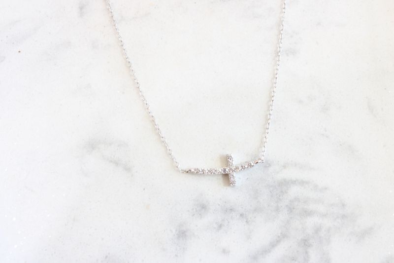 Sterling Silver Rhodium-plated CZ Sideways Cross 16 inch Necklace with 2 inch extension