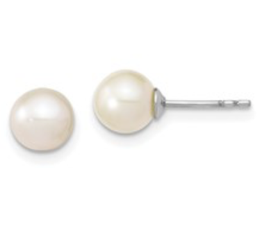 Sterling Silver Rhodium Plated 6-7mm White Round Freshwater Cultured Pearl Post Earrings