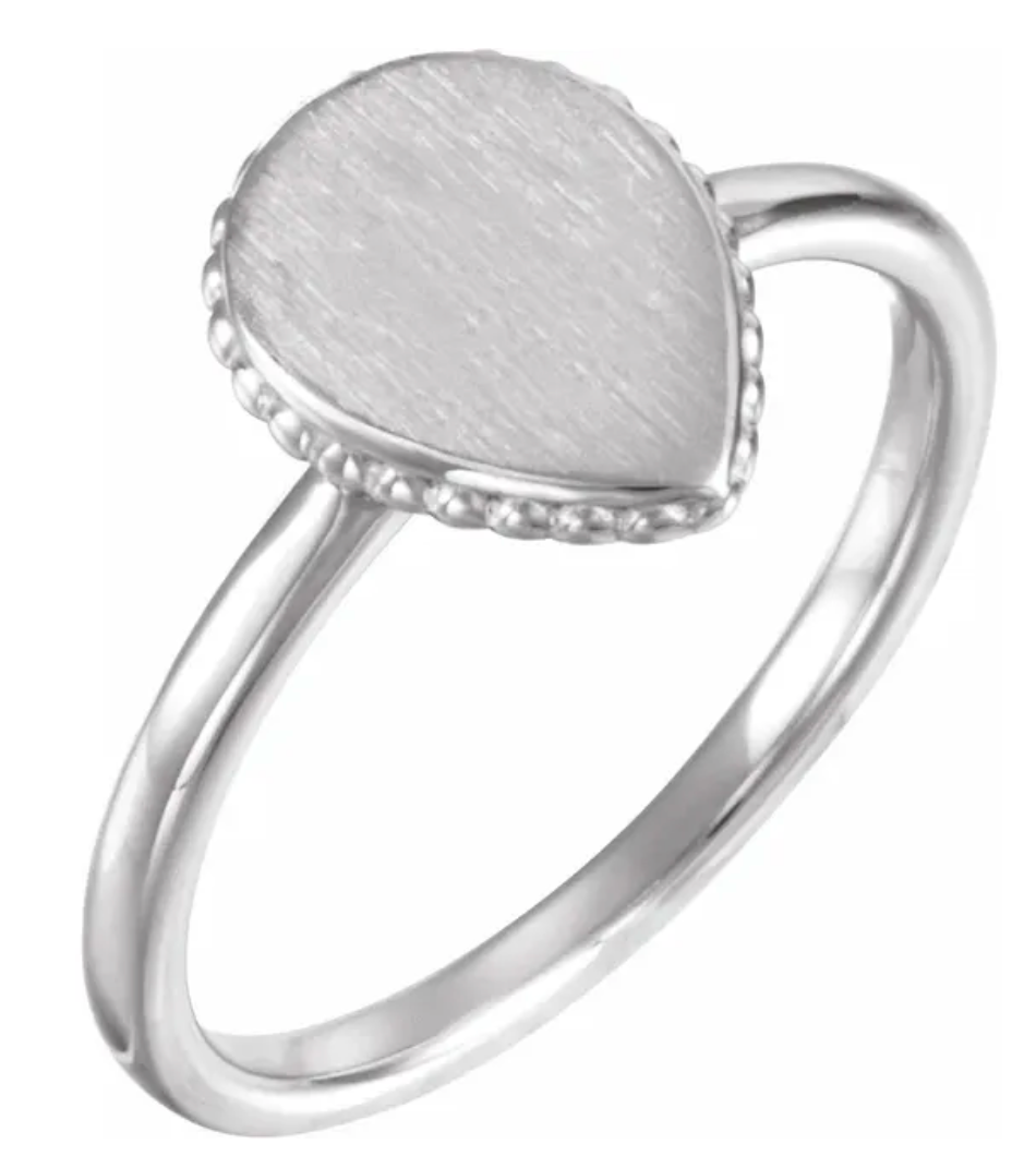 Sterling Silver 12x9 mm Teardrop Beaded Signet Ring