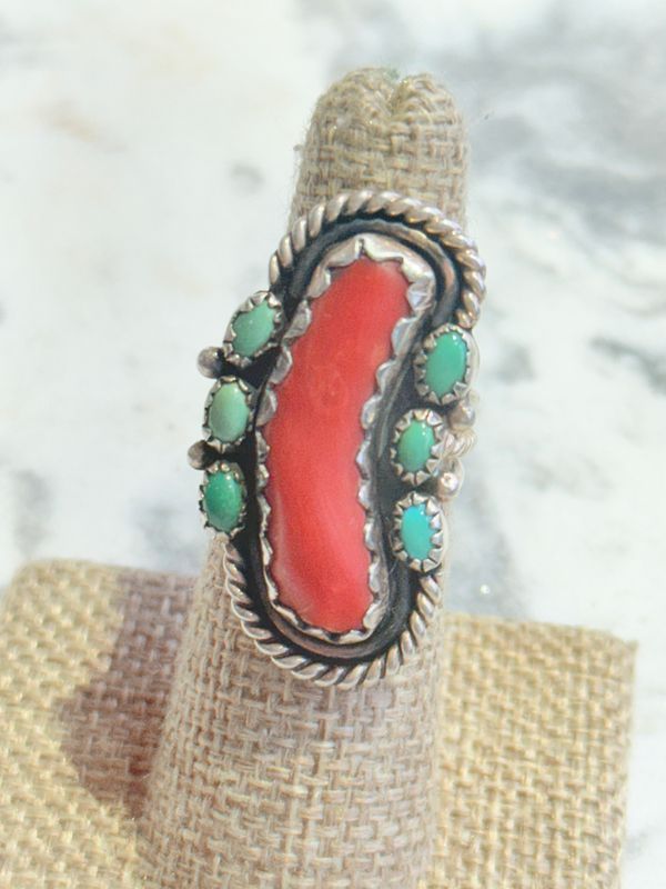 Sterling Silver Coral and Turquoise Western Ring