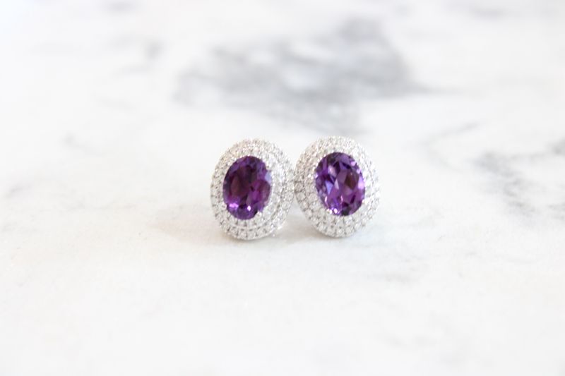 14K white gold amethyst 100 brilliant round diamond 1/2 carat  earrings