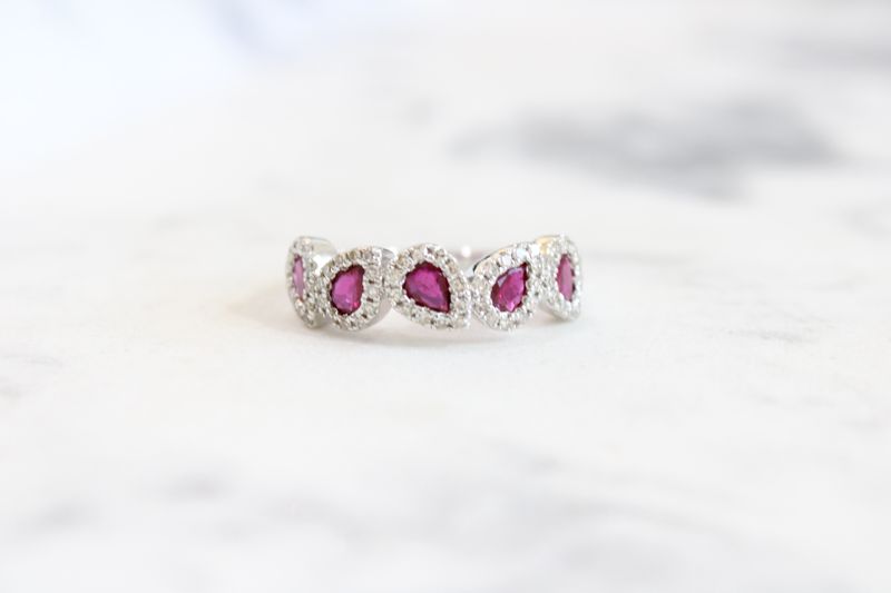 14K White Gold Pear Halo Ruby Diamond Ring 1/3 Total Carat