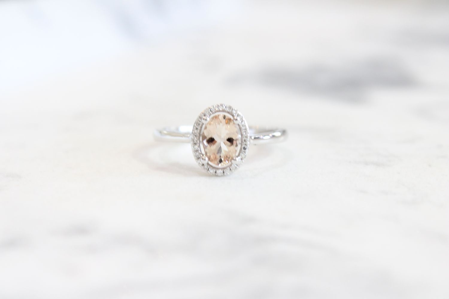 14K White Gold Oval Morganite Halo Ring 1/8 CTW