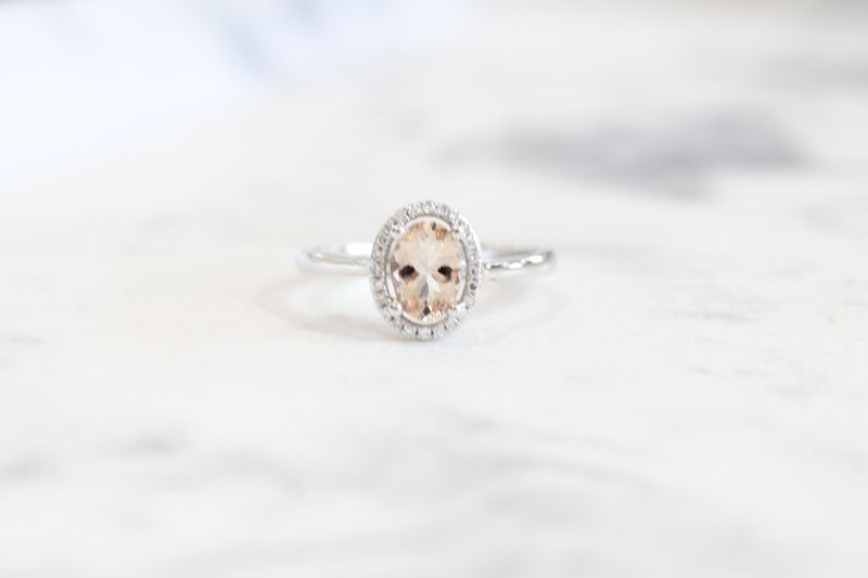 14K White Gold Oval Morganite Halo Ring 1/8 CTW