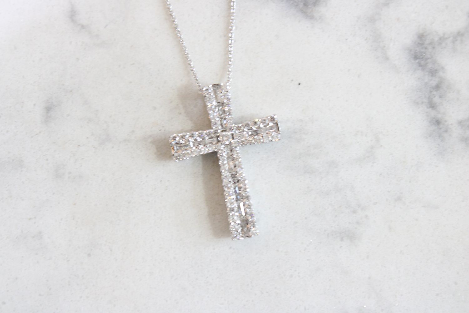 14K White Gold Baguette and Round  Diamond Cross 1 carat total weight 
