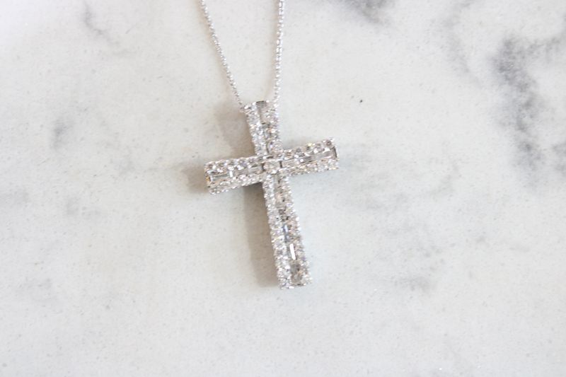 14K White Gold Baguette and Round  Diamond Cross 1 carat total weight 