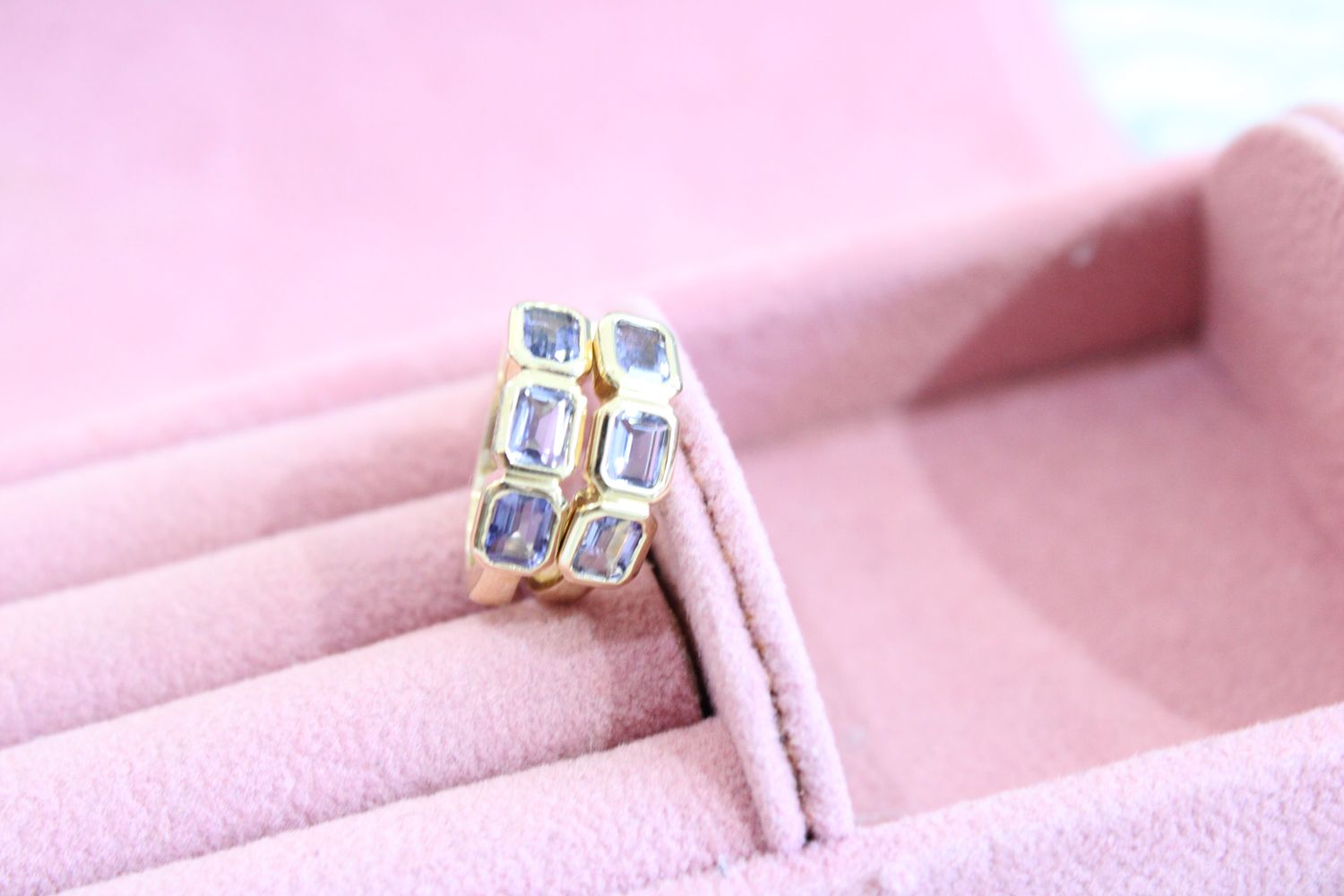14K Yellow Gold IoliteThree Stone Bezel Set Huggie Earrings 