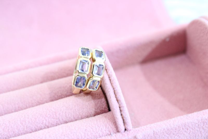 14K Yellow Gold IoliteThree Stone Bezel Set Huggie Earrings 