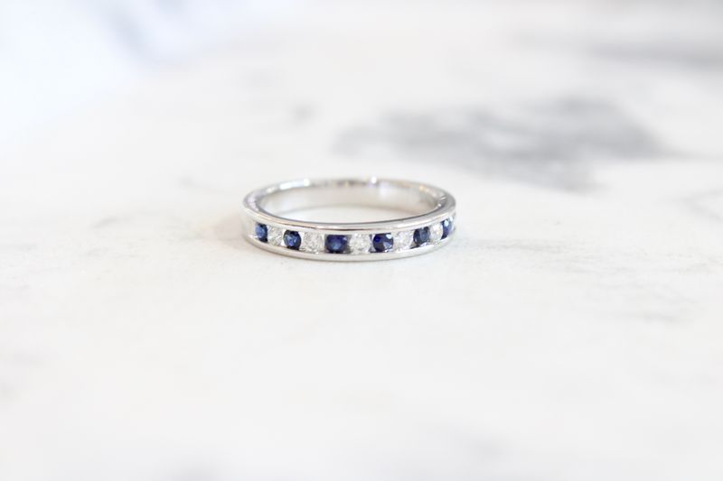 14k White Gold Channel Set Round Diamond and Sapphire Band