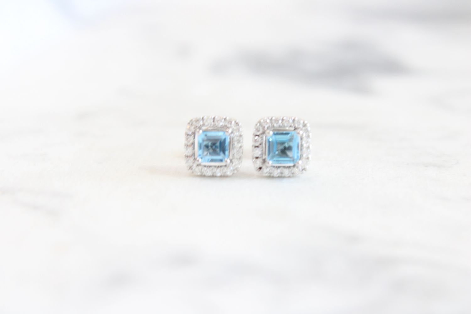 14k White Gold Blue Topaz Diamond Halo Princess Earrings 1/5 Total ct Weight