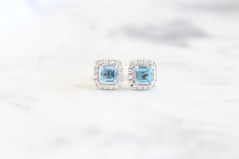 14k White Gold Blue Topaz Diamond Halo Princess Earrings 1/5 Total ct Weight