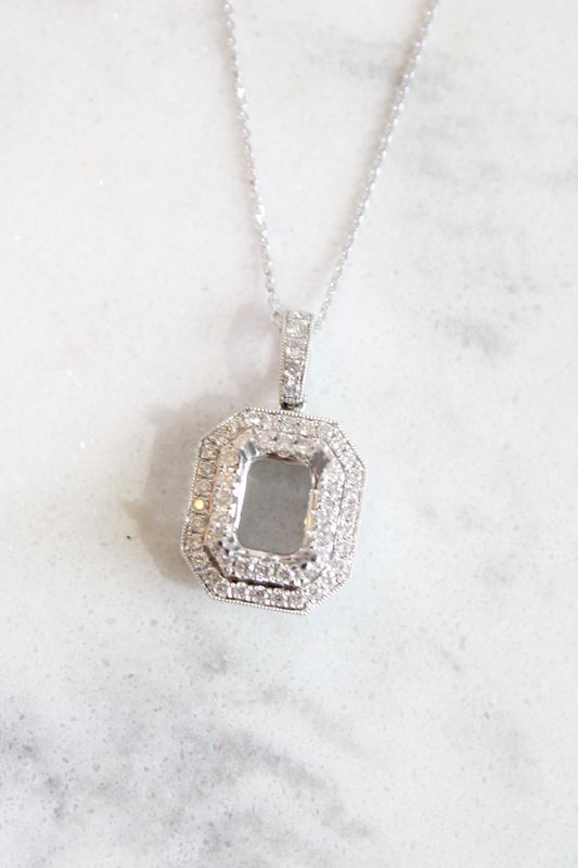 14k White Gold Emerald Cut Blue Topaz with Double Halo diamonds