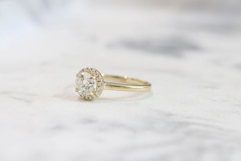 14kt Yellow Gold .85ct Halo Ring with High Polished Shank, 1 Moissanite at .77ct, 18 Diamonds at .08ct total