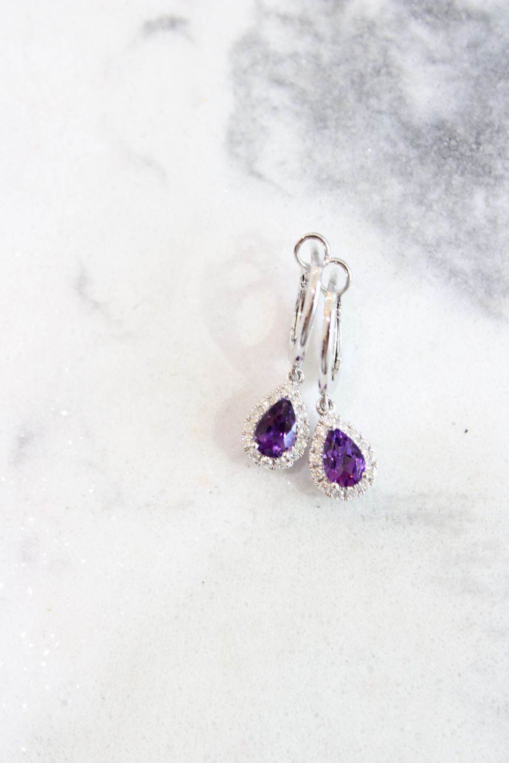 14K White Gold Amethyst earrings .73CT with 28 Brilliant Diamond Halo  1/5CTW