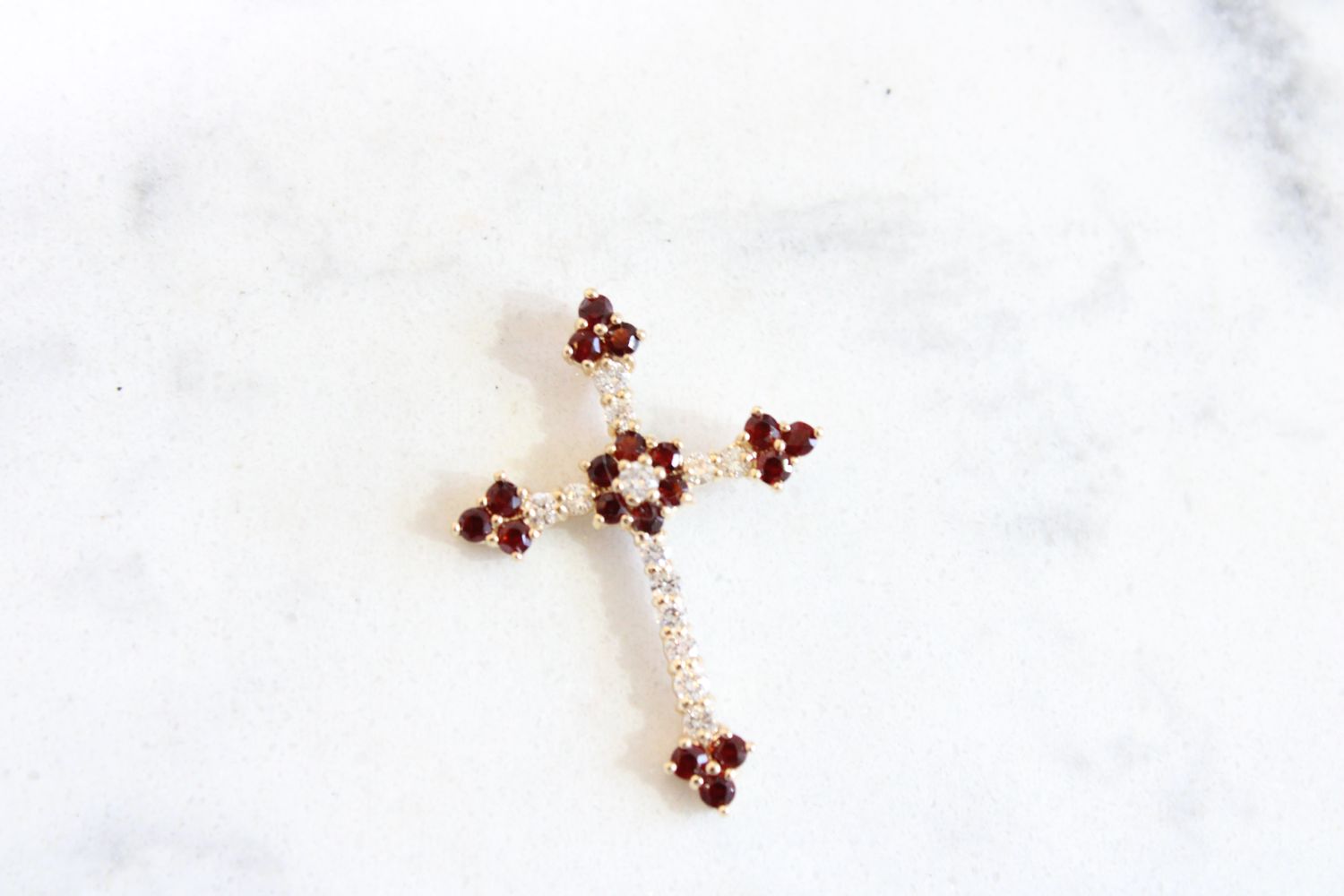 Estate 14kt Yellow Gold Garnet and Diamond Cross