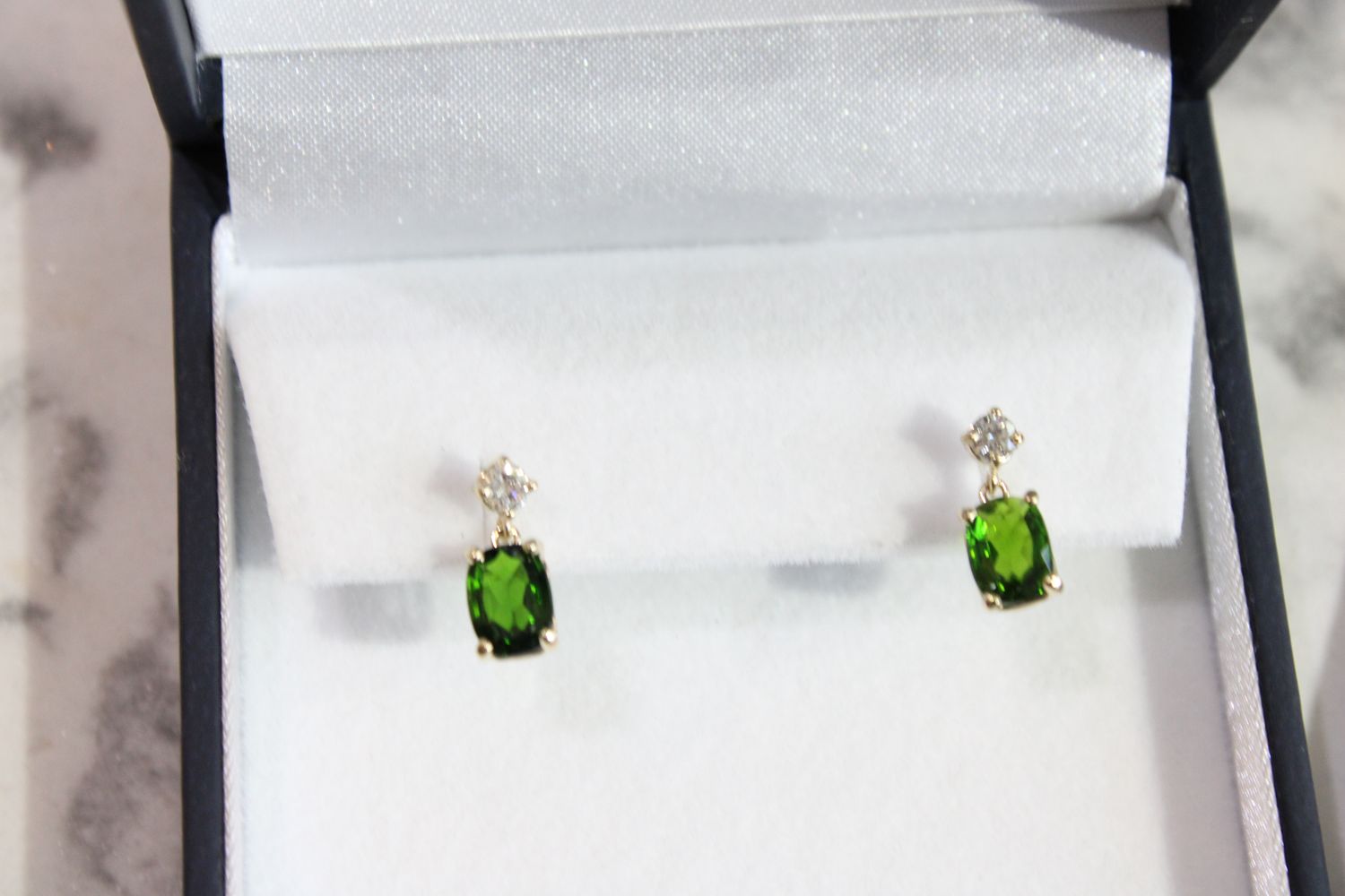 14kt Yellow Gold Emerald Cut 7x5mm Green Tourmaline with Diamond Accent Earrings