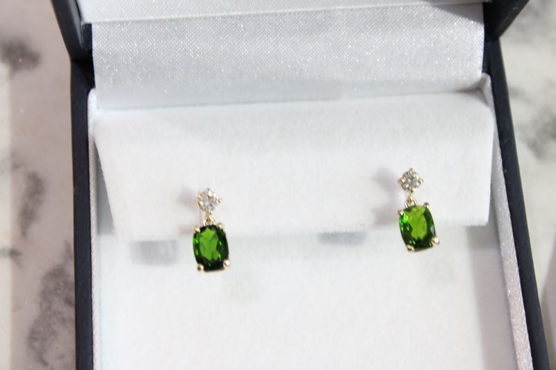 14kt Yellow Gold Emerald Cut 7x5mm Green Tourmaline with Diamond Accent Earrings