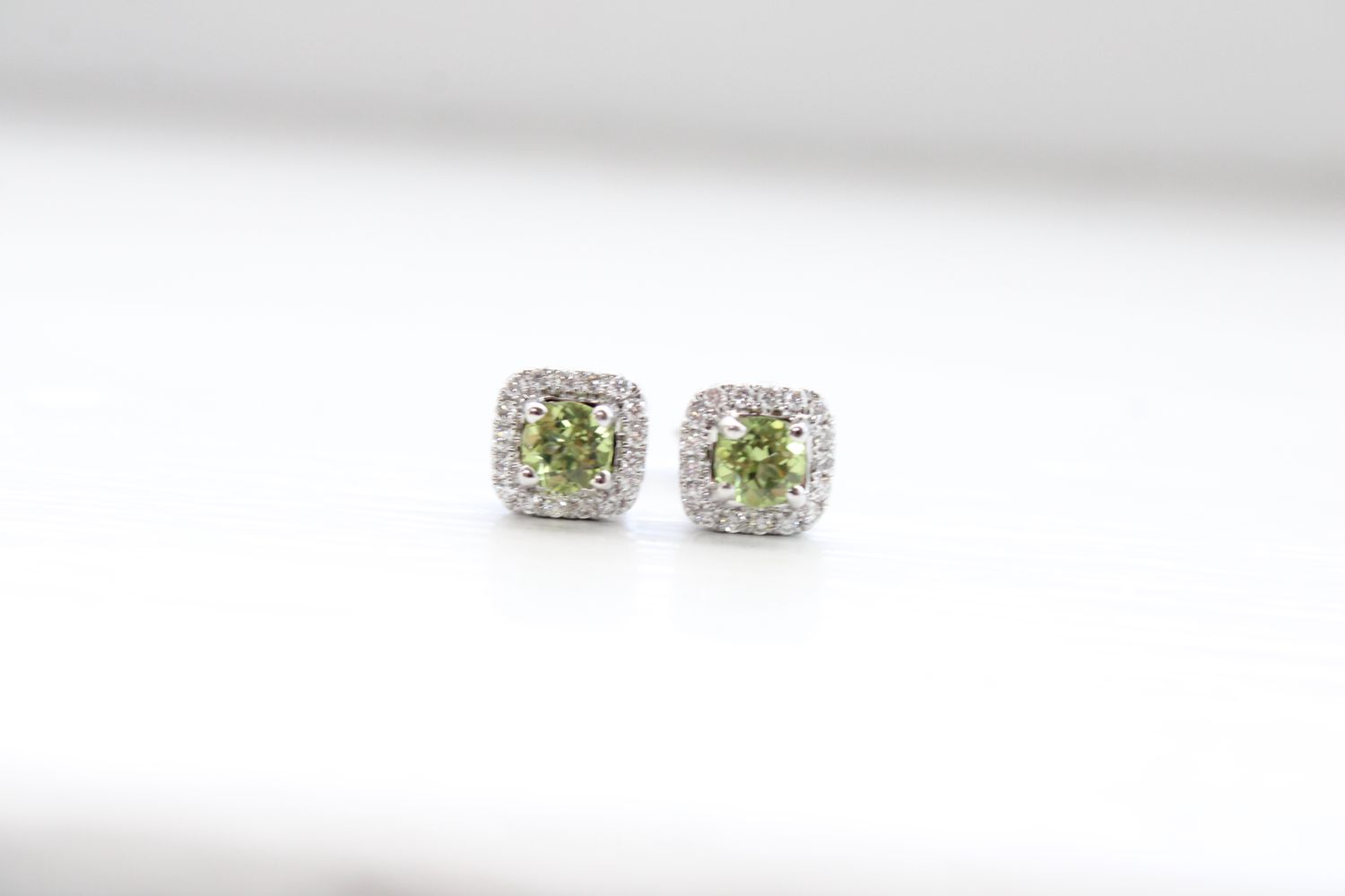 14kw Peridot with Diamond Halo Earrings, 34 Diamonds at 1/6ct Total