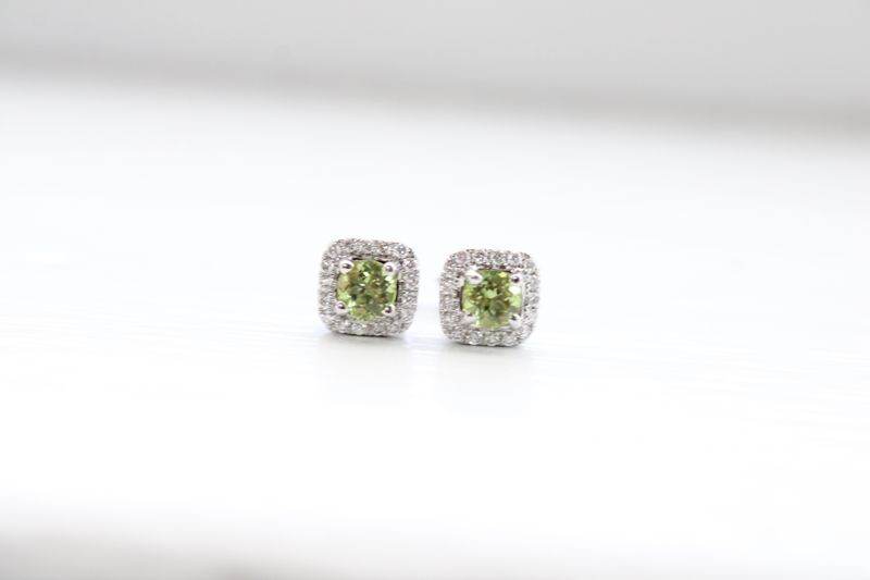 14kw Peridot with Diamond Halo Earrings, 34 Diamonds at 1/6ct Total