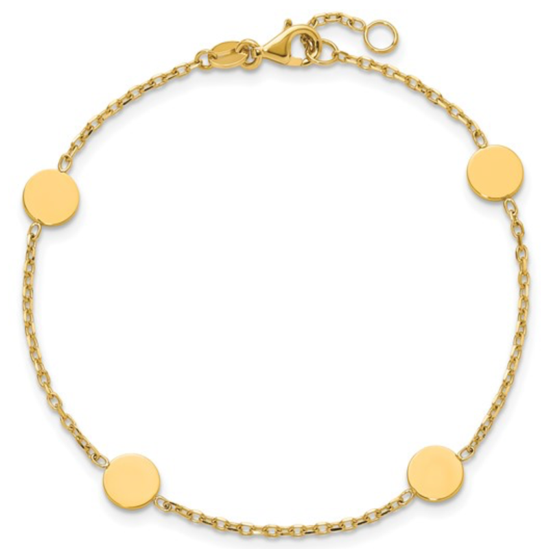 14K Yellow Gold Polished Circle Disc Station Bracelet w/ .25in Extender