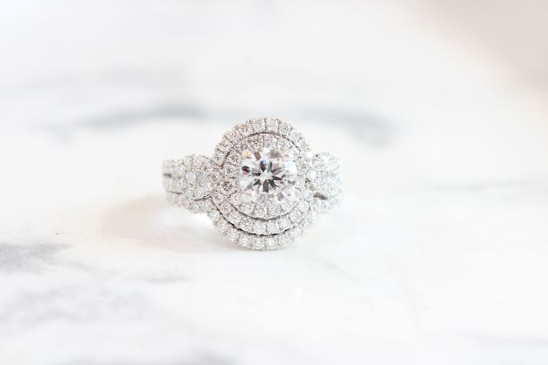14K White Gold Round Diamond Double Halo Mounting with Matching Band 2 1/6 TCW, 1.01ct Center 
