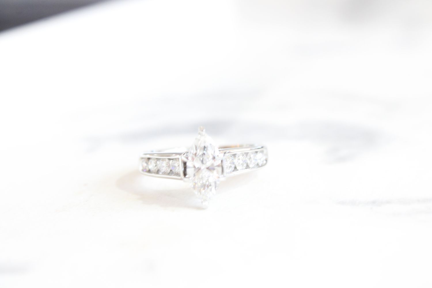 18kt White Gold 1.61ct MarquiseChannel Set Ring Mounting, 1.02ct Lab Grown Marquise, 8 Round at .59ct