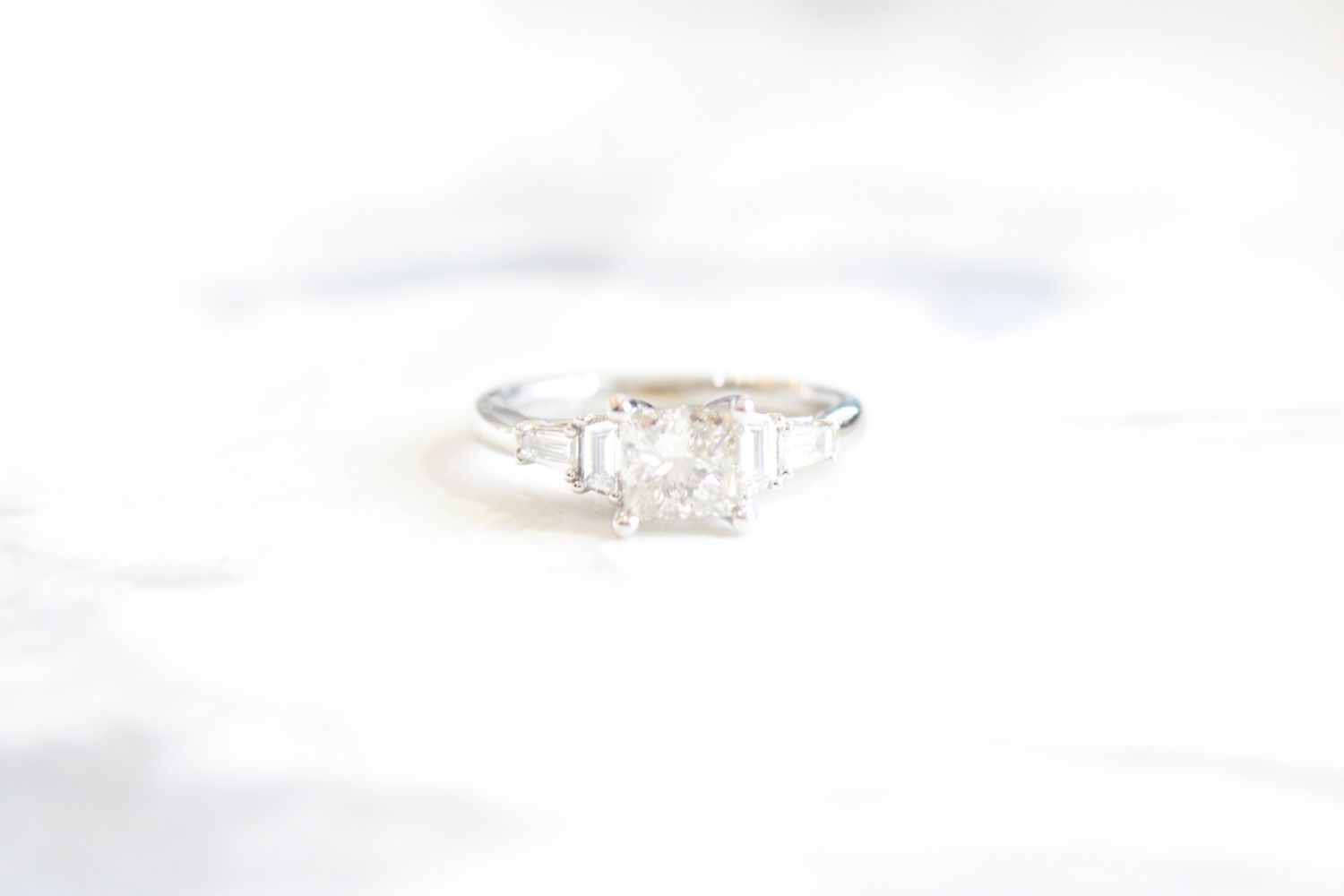 18kt White Gold 1.37cts Princess Art Deco Multi Angle Baguette Side Ring Mounting, 1 Princess @1.03ct 4Diamonds at .34ct