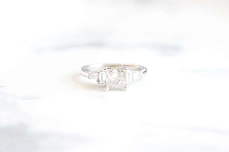 18kt White Gold 1.37cts Princess Art Deco Multi Angle Baguette Side Ring Mounting, 1 Princess @1.03ct 4Diamonds at .34ct