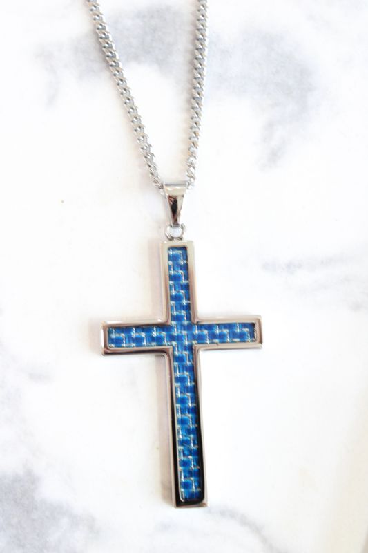 Stainless Steel Polished with Blue Carbon Fiber Inlay Cross Pendant
