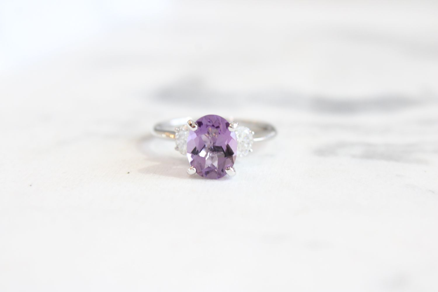 18kt White Gold Amethyst and Diamond Past Present Future Ring , 2 Oval Genuine @ 1/2ct Total