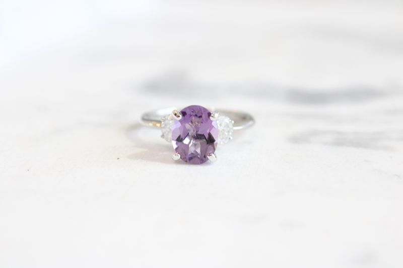 18kt White Gold Amethyst and Diamond Past Present Future Ring , 2 Oval Genuine @ 1/2ct Total