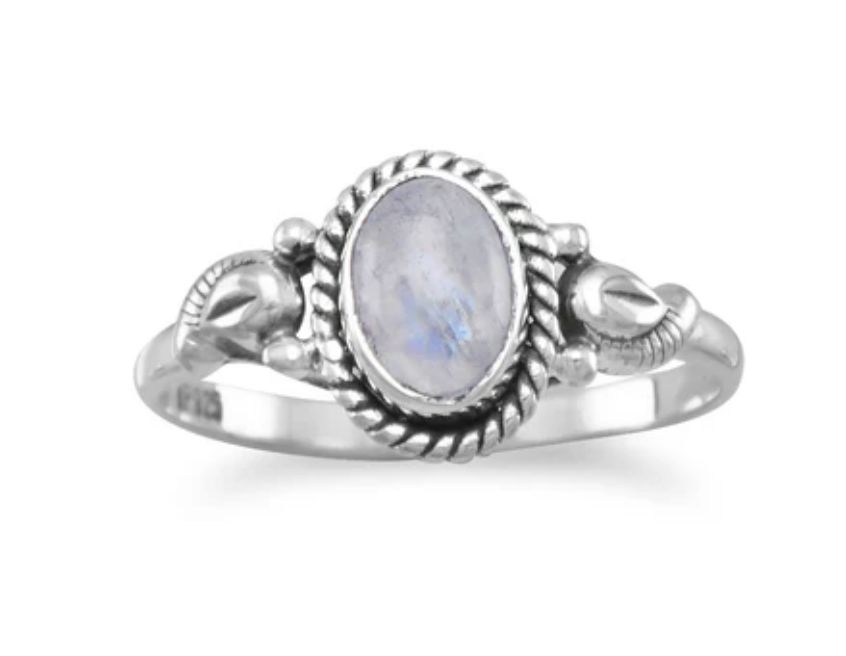 Sterling Silver Oxidized Oval Rainbow Moonstone Ring Size 8