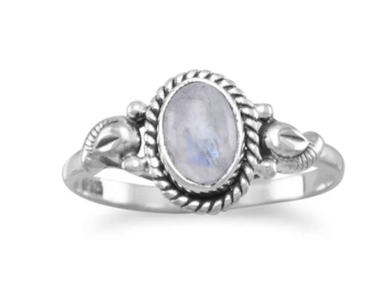 Sterling Silver Oxidized Oval Rainbow Moonstone Ring Size 8
