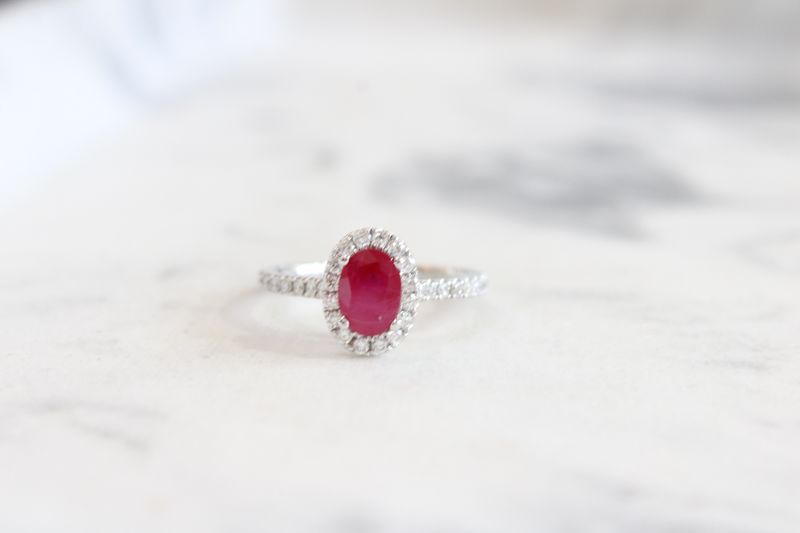 14kt White Gold Oval Ruby and Diamond Halo Ring 34 Side Diamonds F, SI